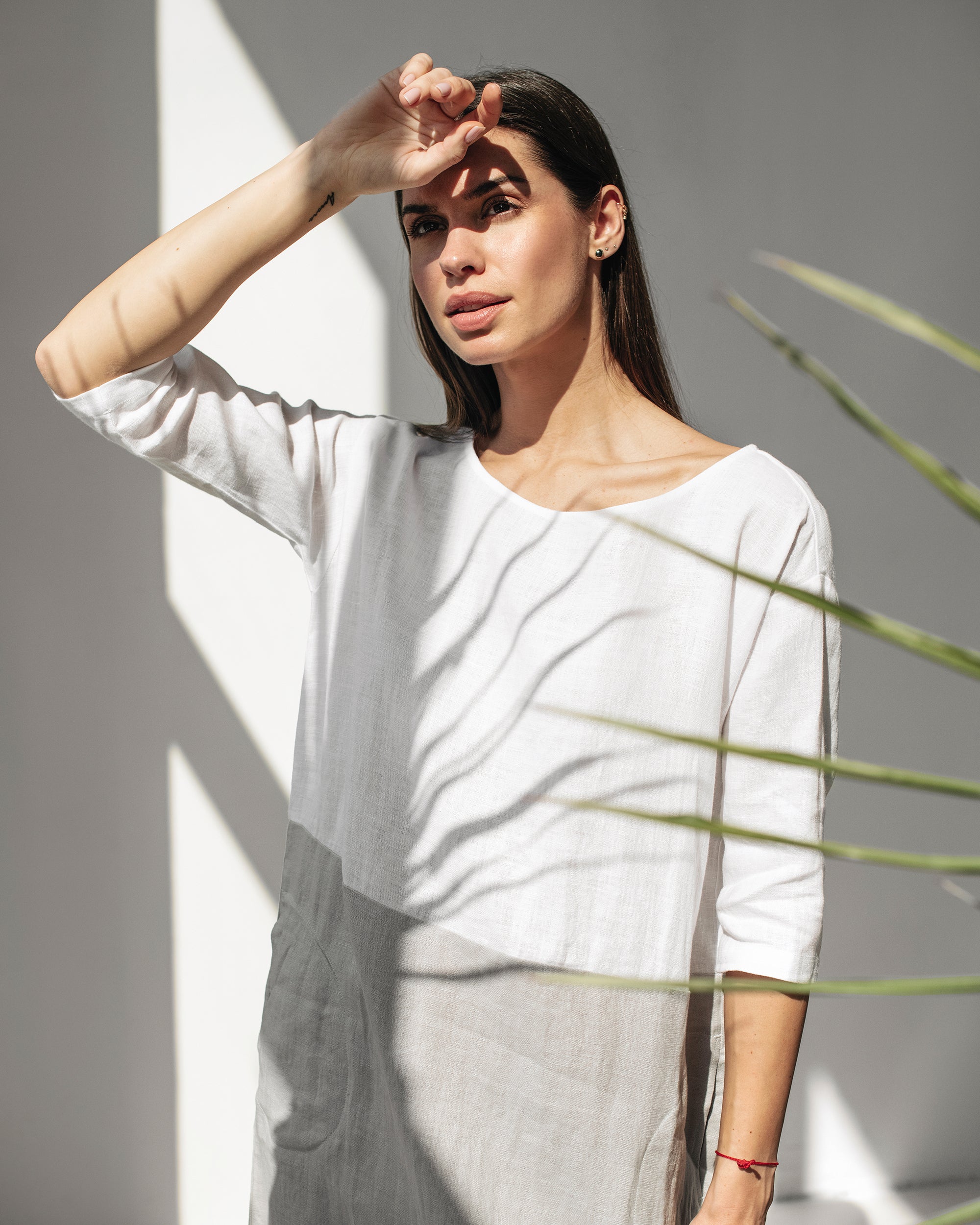 Color-block linen dress ADRIA in White-gray