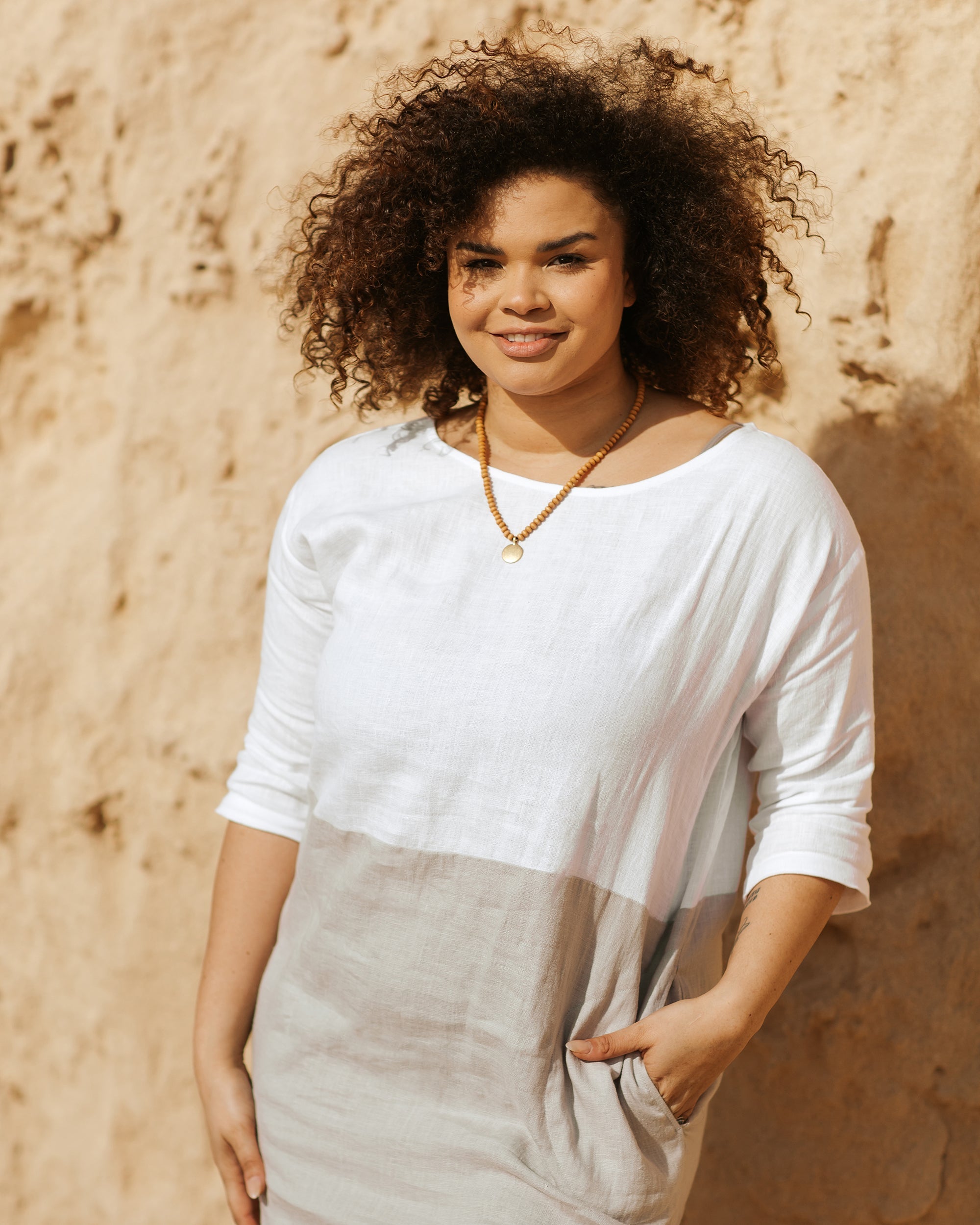 Color-block linen dress ADRIA in White-gray