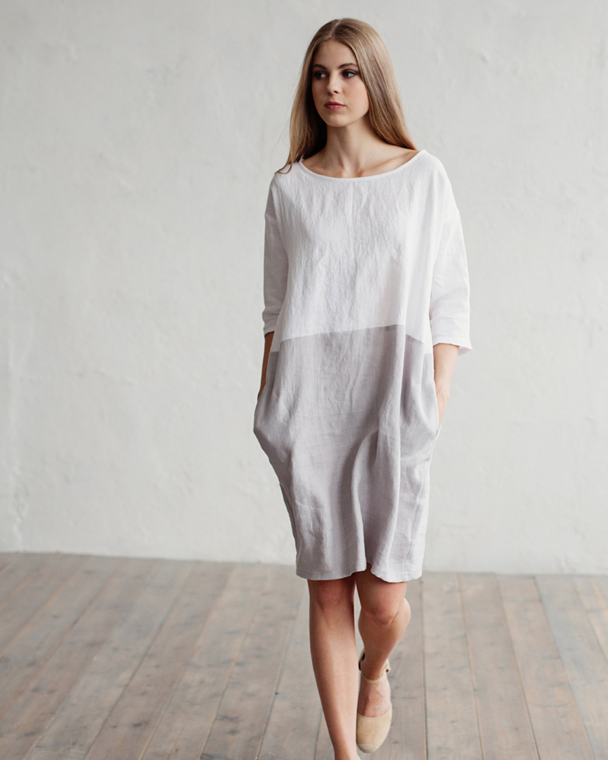 Color-block linen dress ADRIA in White-gray
