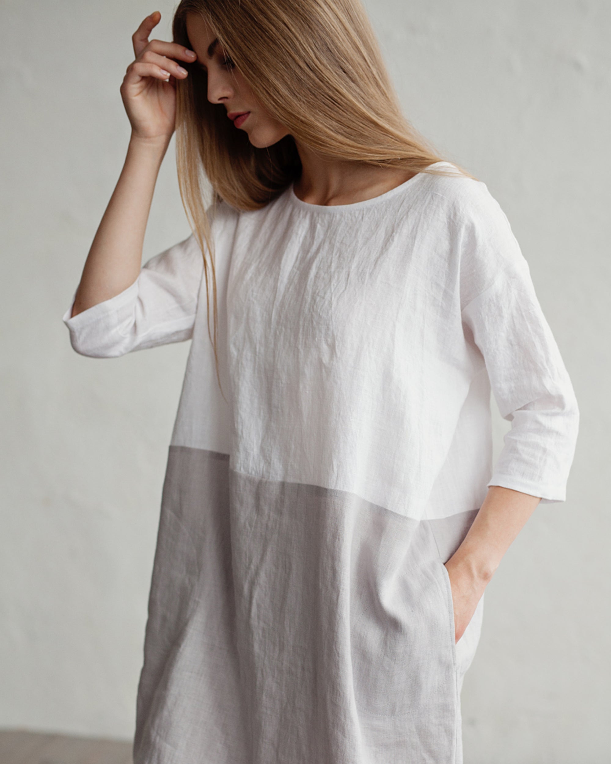 Color-block linen dress ADRIA in White-gray