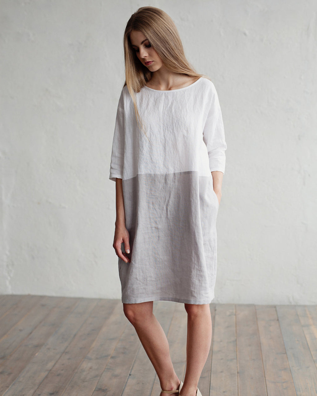 Color-block linen dress ADRIA in White-gray