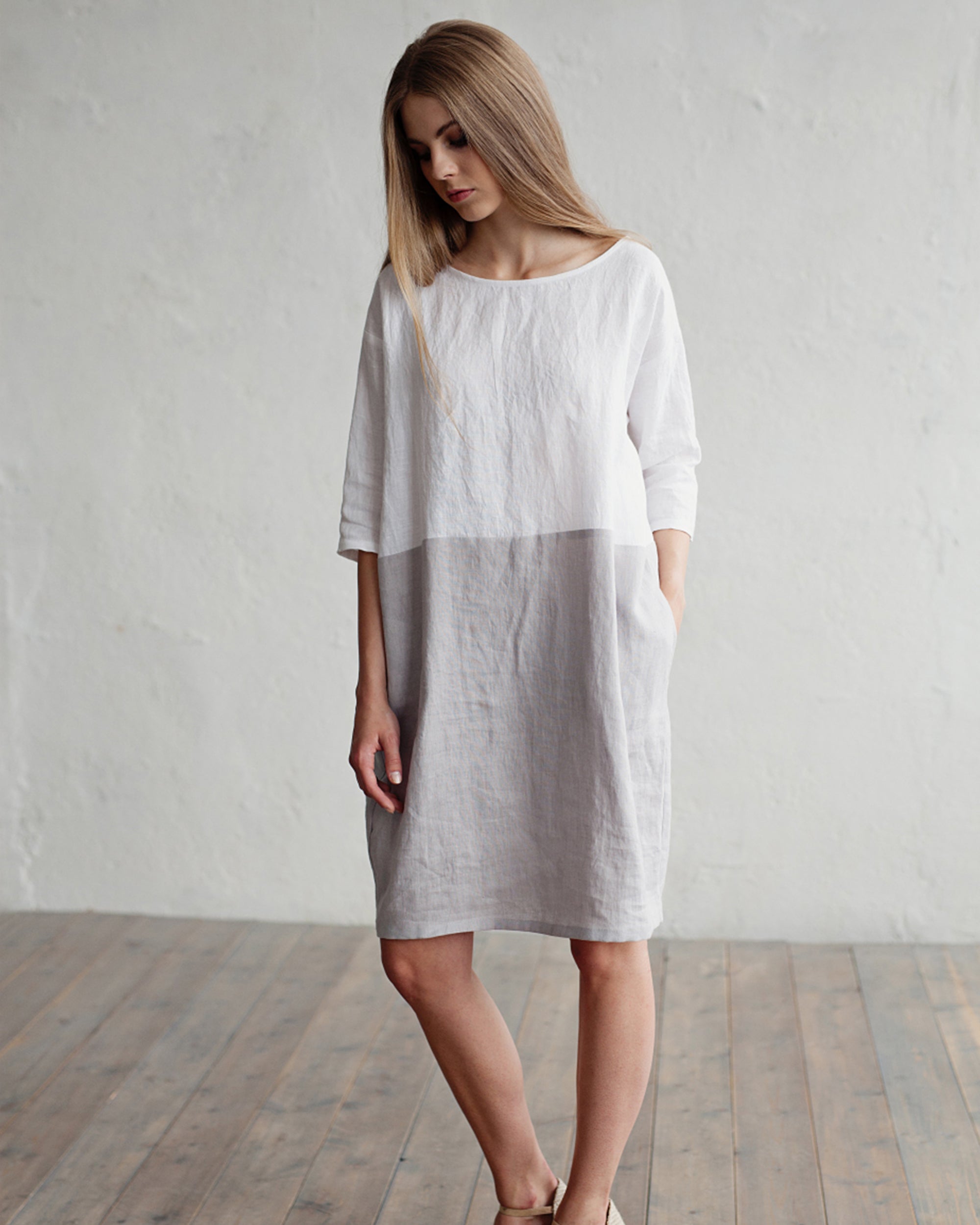 Color-block linen dress ADRIA in White-gray