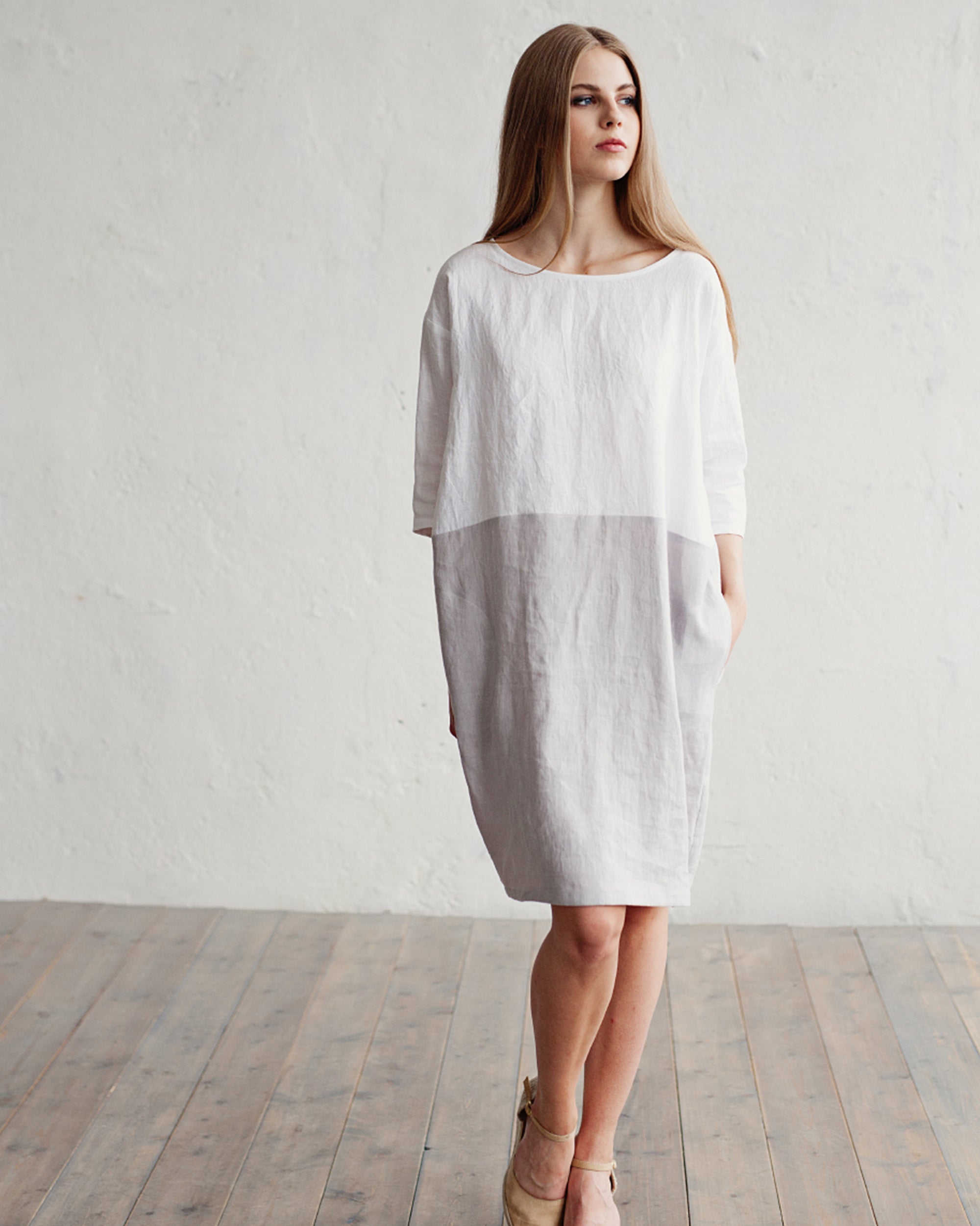 Color-block linen dress ADRIA in White-gray